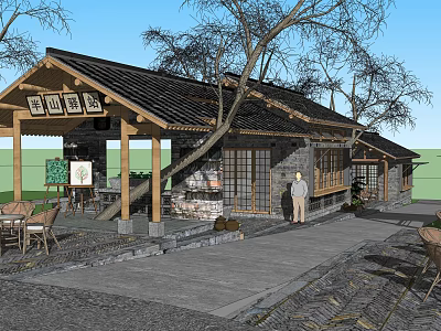 Traditional Chinese Post House With Wooden Porch Tiled Roof Trees And Outdoor Seating 3d model