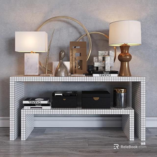 Decorative Ornament Combination With Table Lamps Metal Decor And Geometric Shapes On White Grid Shelf 3d model 