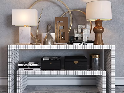 Decorative Ornament Combination With Table Lamps Metal Decor And Geometric Shapes On White Grid Shelf 3d model
