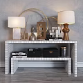 Decorative Ornament Combination With Table Lamps Metal Decor And Geometric Shapes On White Grid Shelf