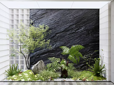 Indoor Landscape With Black Stone Wall Green Plants Ferns And White Lattice 3d model