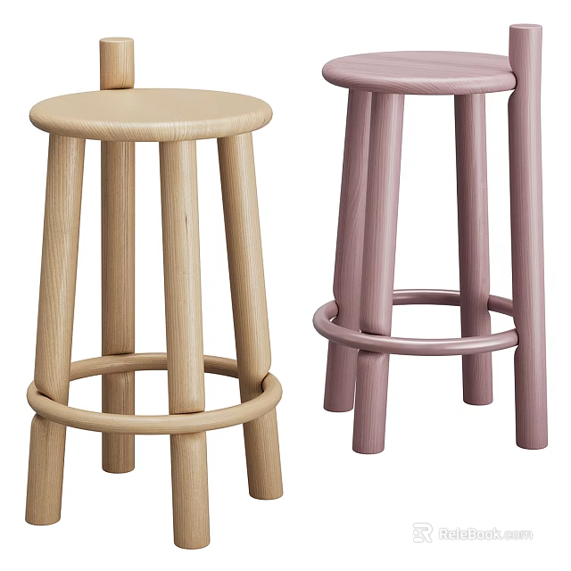 Light And Pink Wooden Bar Stools With Round Seat And Circular Rungs 3d model 