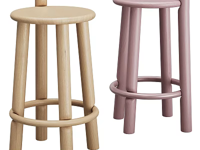 Light And Pink Wooden Bar Stools With Round Seat And Circular Rungs 3d model