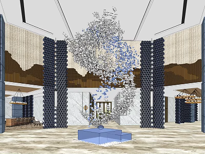 Elegant Modern Hotel Lobby Interior With Art Chandelier Dark Stone Columns And Light Marble Floor 3d model