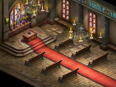 Cartoon Church Interior Scene With Stained Glass Windows Wooden Benches Red Carpet And Candelabra Chandeliers 3d model