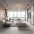 Modern Living Room Interior With Wooden Walls Circular Decorative Painting And Light Gray Sofas