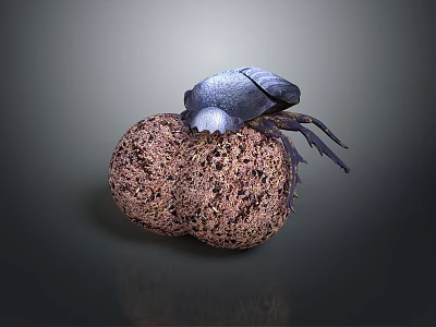 Blue beetle carrying brown textured dung ball on dark background surface 3d model