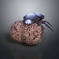 Blue beetle carrying brown textured dung ball on dark background surface 3d model