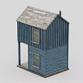 Cartoon Blue Two Story Wooden House With Gray Roof And Porch Windows