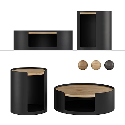 Modern Decorative Ornament Set With Round Wooden Balls And Black Cylindrical Stands 3d model