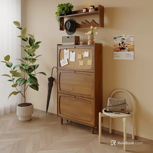 Natural Wooden Shoe Cabinet With Cork Board Memo Notes Potted Plant Umbrella And Small Stool 3d model 