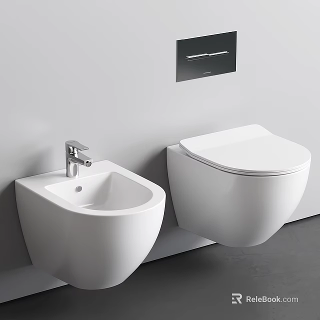 Minimalist White Wall-Hung Toilet With Wall-Mounted Ceramic Sink And Clean Lines 3d model 