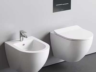 Minimalist White Wall-Hung Toilet With Wall-Mounted Ceramic Sink And Clean Lines 3d model