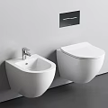 Minimalist White Wall-Hung Toilet With Wall-Mounted Ceramic Sink And Clean Lines
