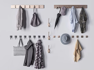 Wall Mounted Hooks with Coats Bags Umbrella Hat Scarves in Home Interior 3d model