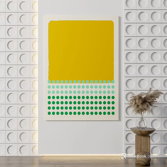Yellow Green Dots Wall Art Decor On Circular Patterned White Wall With Pampas Vase 3d model