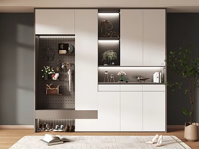 Modern White Shoe Cabinet Design With Layered Storage Hooks And Decorative Plants 3d model