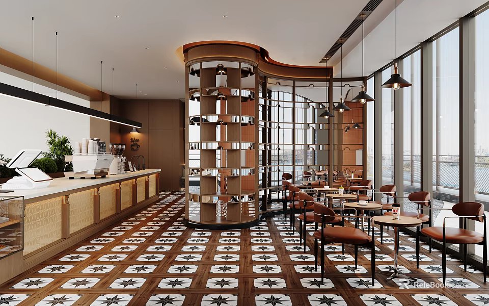 Modern Café Interior With Open Layout Counter Large Windows And Patterned Floor Tiles 3d model