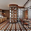Modern Café Interior With Open Layout Counter Large Windows And Patterned Floor Tiles 3d model