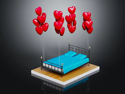 Black Bed Frame With Gold Decorative Balls Blue Mattress On Wooden Platform Red Balloons Above 3d model