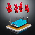 Black Bed Frame With Gold Decorative Balls Blue Mattress On Wooden Platform Red Balloons Above