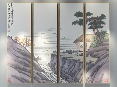 Traditional Landscape Painting on Four Panel Screen with Mountains Pine Tree Small House and Waterfall 3d model