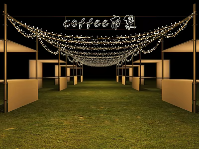 Coffee Market Event Passage With Illuminated String Lights Grass Ground And Stall Structures 3d model