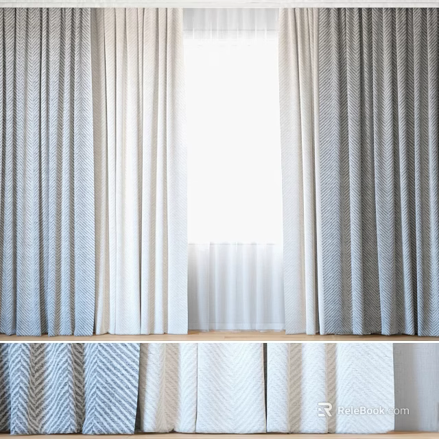 Gray and White Curtains with Various Textures by Window and Displayed Fabric Samples 3d model