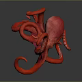 Vibrant Red Octopus With Curled Tentacles In Dynamic Pose On Dark Background 3d model