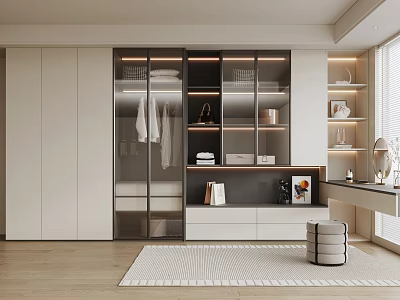 Modern Wardrobe Interior Design With Glass Doors Hanging Space Drawers And Open Shelves 3d model