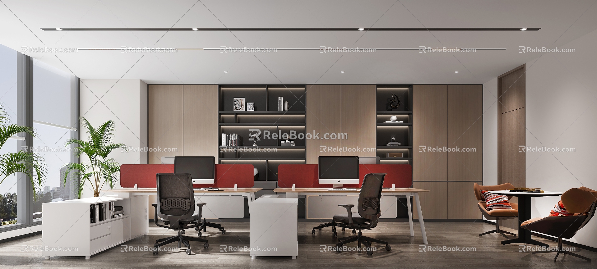 Department Staff Office Staff Open Office Area Office Desk and Chair Office Bookcase Leisure Negotiation Table and Chair Magnetic Lamp Ceiling 3d model