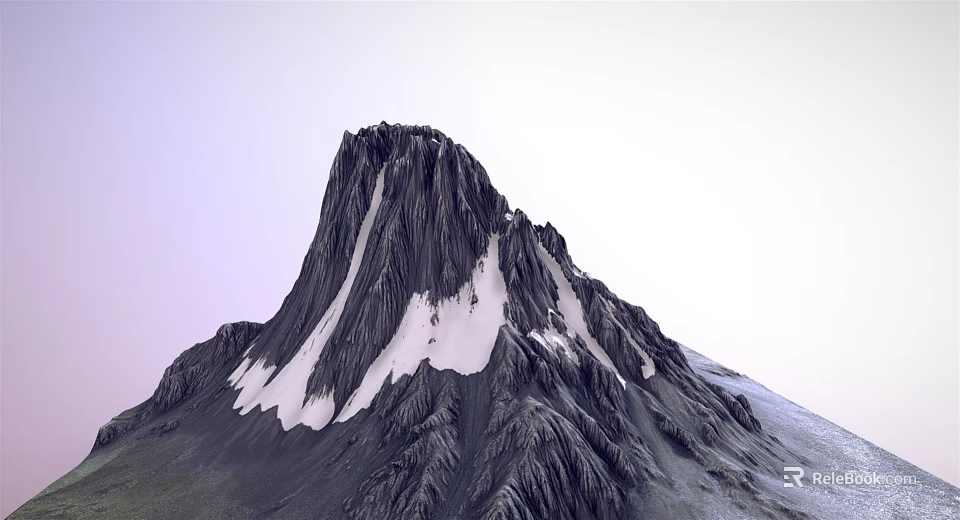 Garden Landscape Featuring Snow Capped Mountain With Black Rocky Texture And Light Purple White Sky 3d model 
