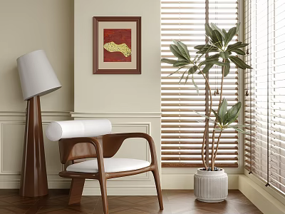 Stylish Accent Chair With Wooden Frame White Cushion Floor Lamp And Large Plant Near Window Blinds 3d model