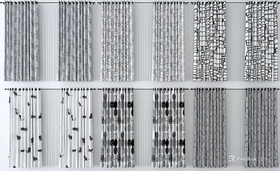 Stylish Black White Gray Curtains With Various Patterns For Home Decoration 3d model 