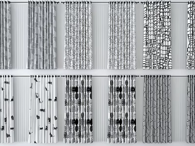 Stylish Black White Gray Curtains With Various Patterns For Home Decoration 3d model
