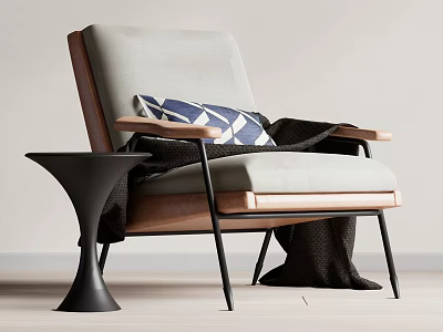 Stylish Light Gray Leisure Chair With Wooden Armrests Blue White Geometric Pillow And Dark Blanket 3d model