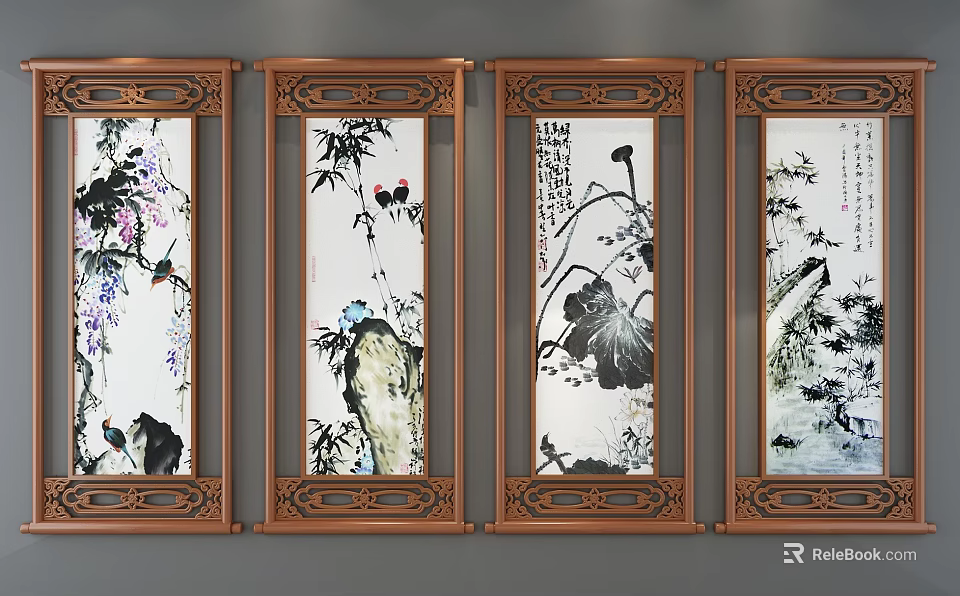 Botanical Paintings on Decorative Screens with Brass Carved Frames Featuring Wisteria Bamboo Lotus and Birds 3d model 