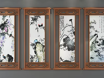 Botanical Paintings on Decorative Screens with Brass Carved Frames Featuring Wisteria Bamboo Lotus and Birds 3d model