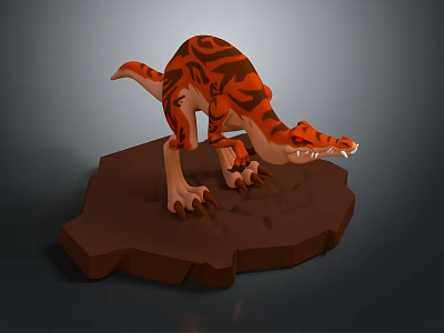 3D Character Dinosaur Model With Orange Brown Skin Sharp Teeth Standing On Rock Platform 3d model