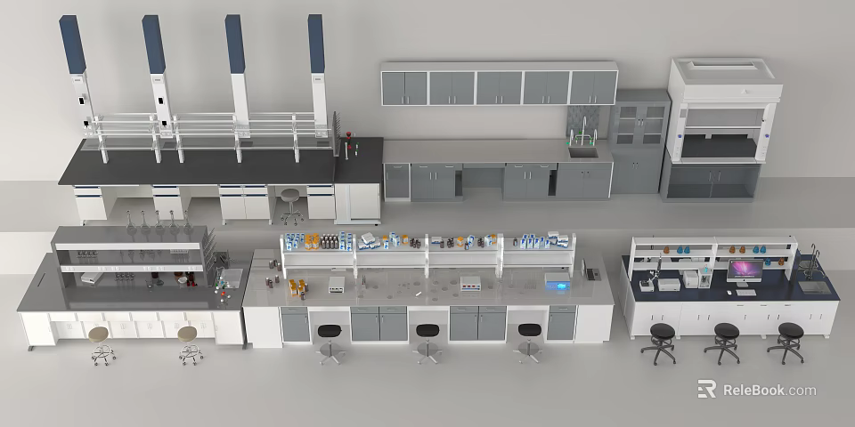 Functional Laboratory Workbenches With Upper And Lower Cabinets And Equipment 3d model 