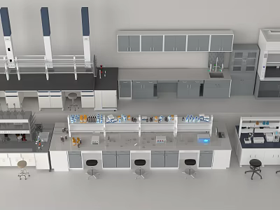 Functional Laboratory Workbenches With Upper And Lower Cabinets And Equipment 3d model