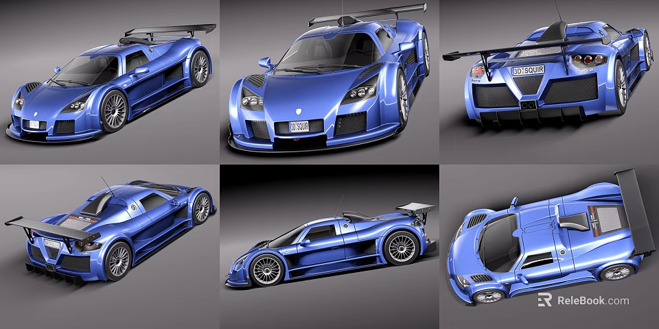 Blue Aerodynamic Sports Car With Sleek Design And Multiple Angle Views 3d model 