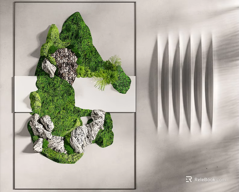 Modern Feature Wall Design With Green Moss Stones And Natural Plant Textures 3d model 