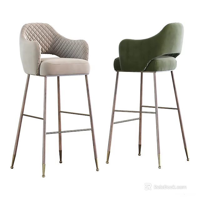 Modern Green Beige Velvet Bar Stools With Metal Legs And Armrests Design 3d model 