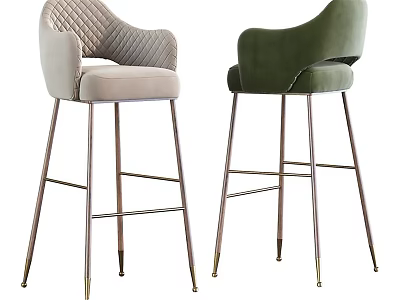 Modern Green Beige Velvet Bar Stools With Metal Legs And Armrests Design 3d model