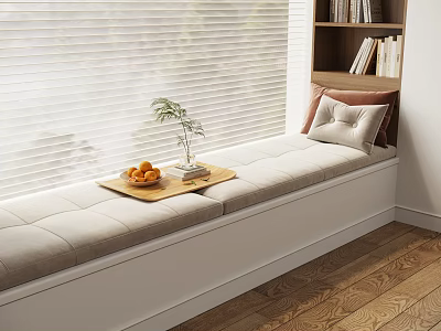 Stylish Bay Window Nook with Gray Cushion Wooden Tray Oranges Plant and Books Near Blinds 3d model