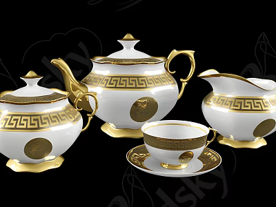 Elegant White Ceramic Tea Set With Gold Trim Greek Key Patterns Teacup Saucer Teapot 3d model