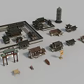Ancient Traditional Architecture Scene With Courtyard Pagoda Archway And Buildings