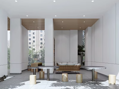 Modern Lobby Interior Featuring Wooden Ceiling Large Windows Sofa Tables And Cylindrical Stools 3d model