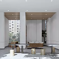 Modern Lobby Interior Featuring Wooden Ceiling Large Windows Sofa Tables And Cylindrical Stools